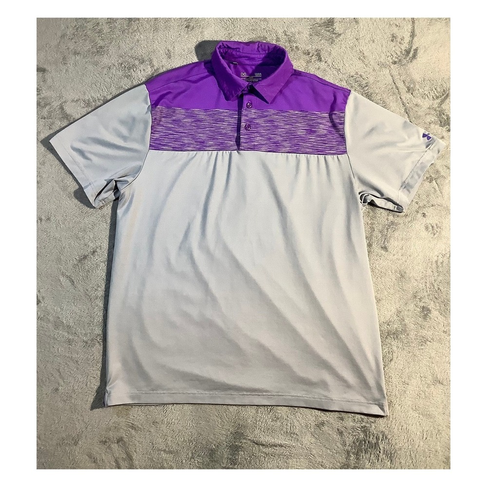 Under Armour Men's Size L HeatGear Polo Shirt Purple Grey Colorblock Golf Loose